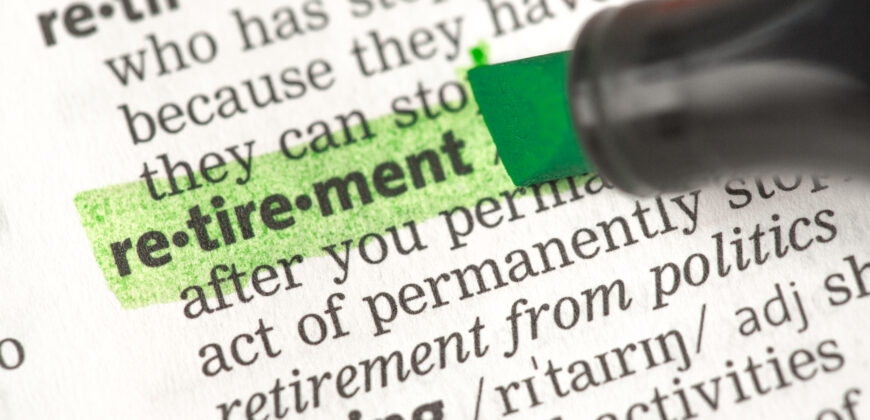 the word retirement highlighted in green in a dictionary